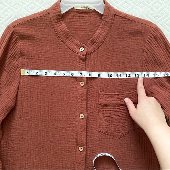 Polagram gauze cotton boho button down long sleeve tunic, sienna brown - Picture 5 of 9
